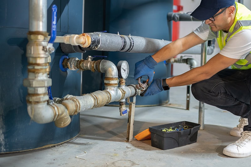 Technician looking over piping.