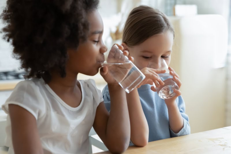 Reduce Microplastics in Your Drinking Water. Two little girls drinking water together at a kitchen table.